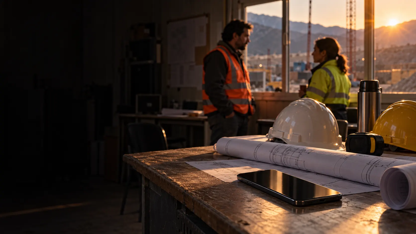 Reunión en obra con planos y cascos sobre la mesa