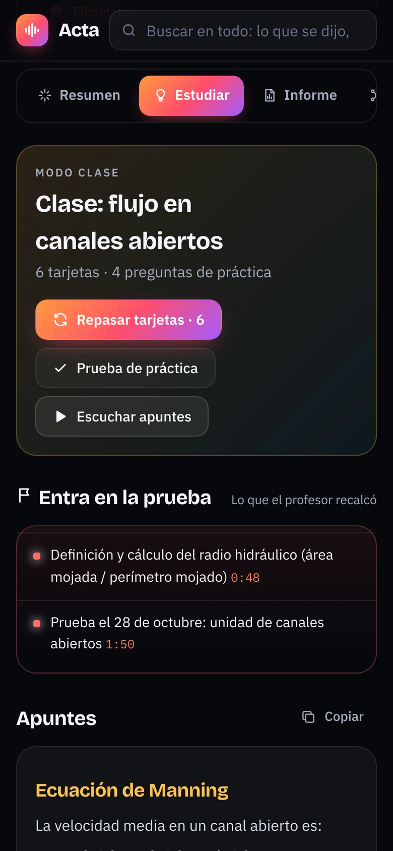 Modo Clase en Acta