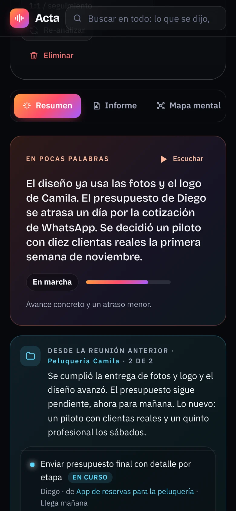 Resumen de una reunión en Acta
